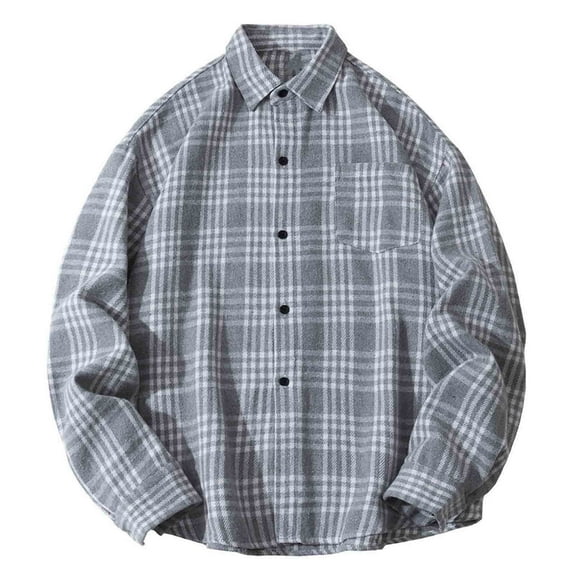 Stamzod Long Sleeve Button Up Shirt Men Fashion Plaid Printed Casual Turndown Oversized Shirts Fashion Clothing Gray-3 M