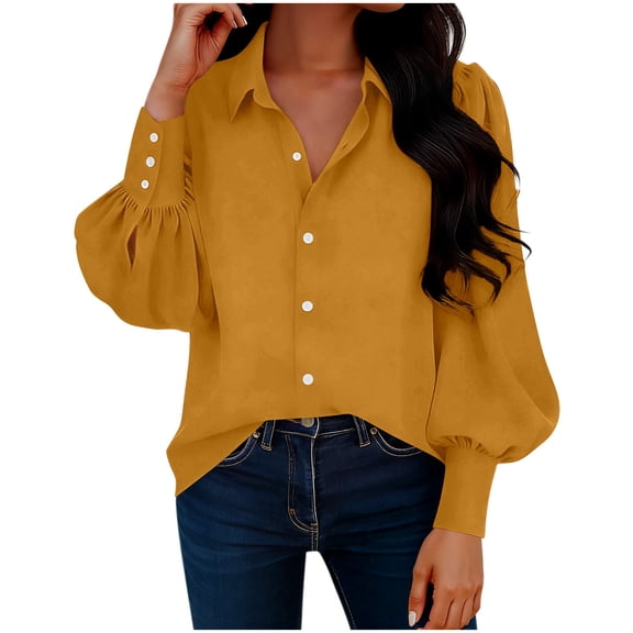 Stamzod Long Sleeve Button Up Shirt Women Summer Solid Puff Sleeve Work Shirts Spring Business Causal Dressy Tops for Women Yellow XL
