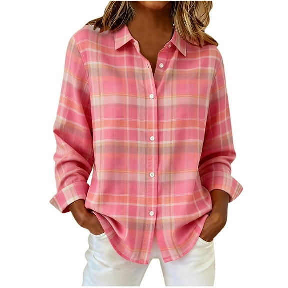 Stamzod Long Sleeve Button Up Shirts for Women Fashion Plaid Printed Work Dressy Tops Casual Shirt for Women Pink R XXL