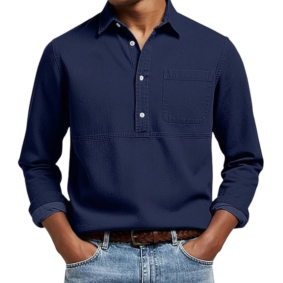 Stamzod Long Sleeve Collared Shirt Men Dressy Casual Button Up Shirts with Pocket Plus Size Fashion Office Work Tops Navy C M