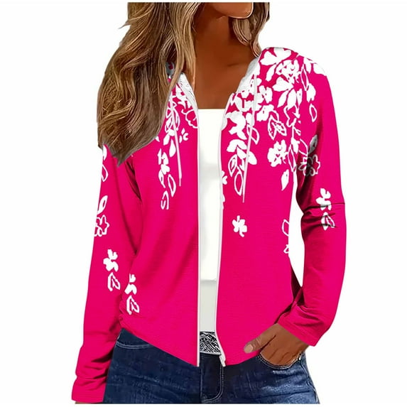 Stamzod Long Sleeve Hoodies for Women Fall Floral Cropped Zip Up Hoodie Women Business Casual Work Sweatshirt for Women Hot Pink M