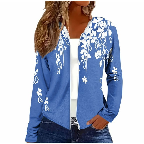Stamzod Long Sleeve Hoodies for Women Fall Floral Cropped Zip Up Hoodie Women Business Casual Work Sweatshirt for Women Sky Blue XL