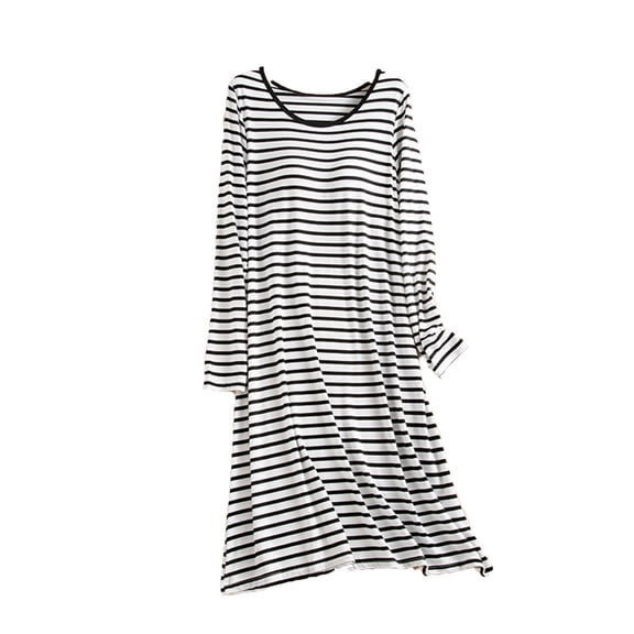 Stamzod Long Sleeve Nightgowns for Women Strip Printed V Neck Casual Sleep Dress with Built In Bra Loose Summer Fall Moo Moos for Women Black L