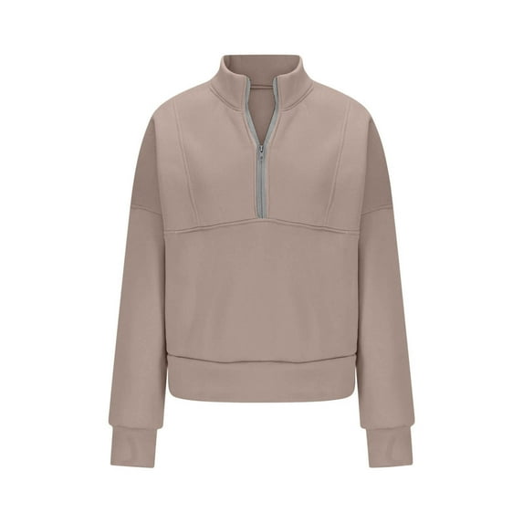 Stamzod Long Sleeve Quarter Zip Pullover Women Sweatshirt Solid Color Stand Collar Pullover Sweatshirts for Women Khaki B L