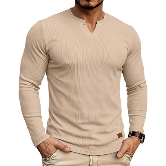 Stamzod Long Sleeve Shirts for Men Casual V-Neck Textured Knitted Pullover Tops Fall Fashion Workout Oversized Tshirts Khaki-3 XXXL