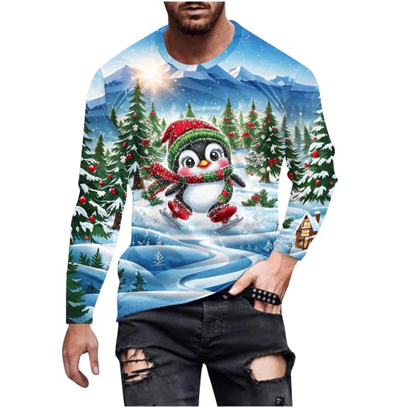 Stamzod Long Sleeve Shirts for Men Fashion Christmas Printed Crewneck Oversized Tshirts Casual Workout Tee Shirts Mens Christmas Gifts Blue XL