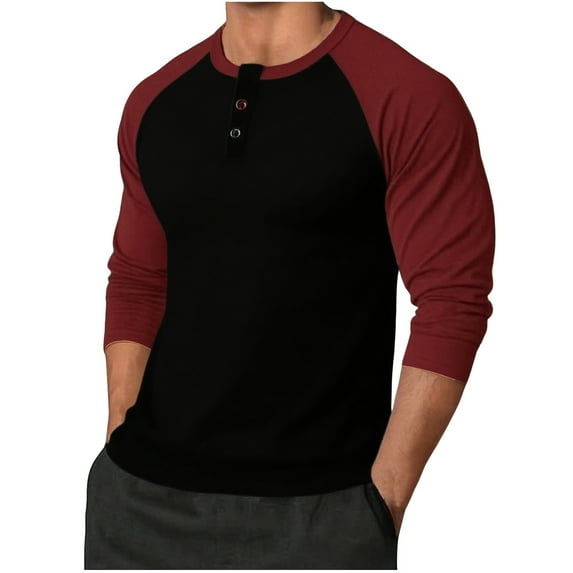Stamzod Long Sleeve Shirts for Men Fashion Patchwork Crewneck Button Pullover Tops Casual Loose Fit Oversized Tshirts Wine C S