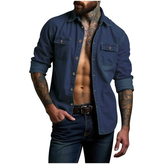 Stamzod Long Sleeve Shirts for Men Fashion Solid Color Denim Button Down Shirt Men Casual Summer Tops for Men with Pocket Navy XXXL