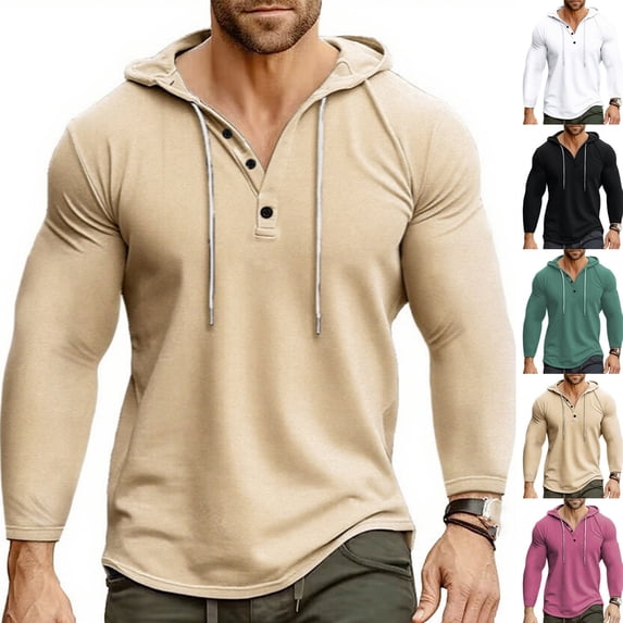 Stamzod Long Sleeve Shirts for Men Solid Color Hooded Oversized Gym Shirts for Men Casual Hoodies Khaki M