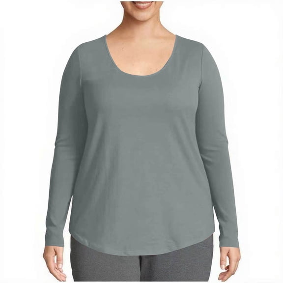Stamzod Long Sleeve Shirts for Women Fashion Solid Color Crewneck Basic Tee Tops Casul Loose Plus Size Spring Clothes for Women Gray L