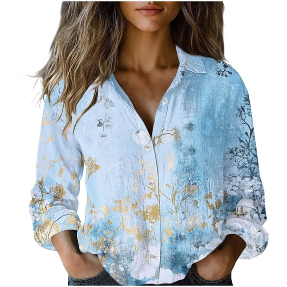 Stamzod Long Sleeve Shirts for Women Fashion Vintage Oversized Button Up Shirt Collared Women Blouses Dressy Casual Multicolor Y XL