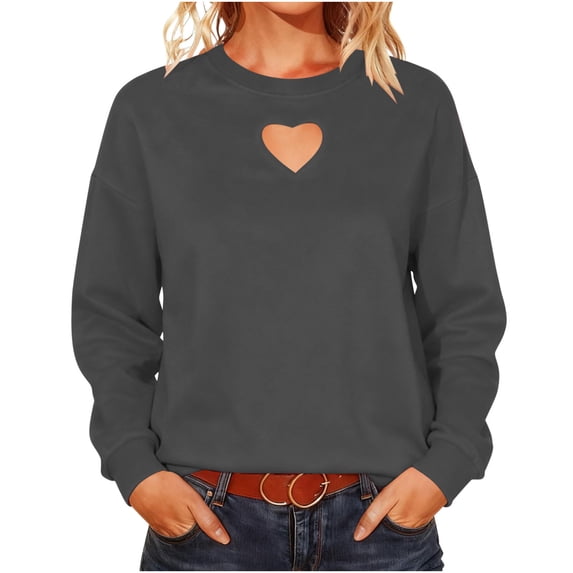 Stamzod Long Sleeve Shirts for Women Lover Heart Hollow Out Hoodless Sweatshirt Casual Loose Crew Neck Sweatshirts Women Clothes Dark Gray B XL