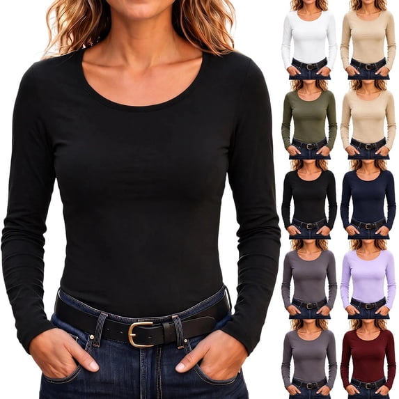 Stamzod Long Sleeve Shirts for Women U-Neck Slim Fitted Tops Casual Base Layer Undershirts Fall Fashion
