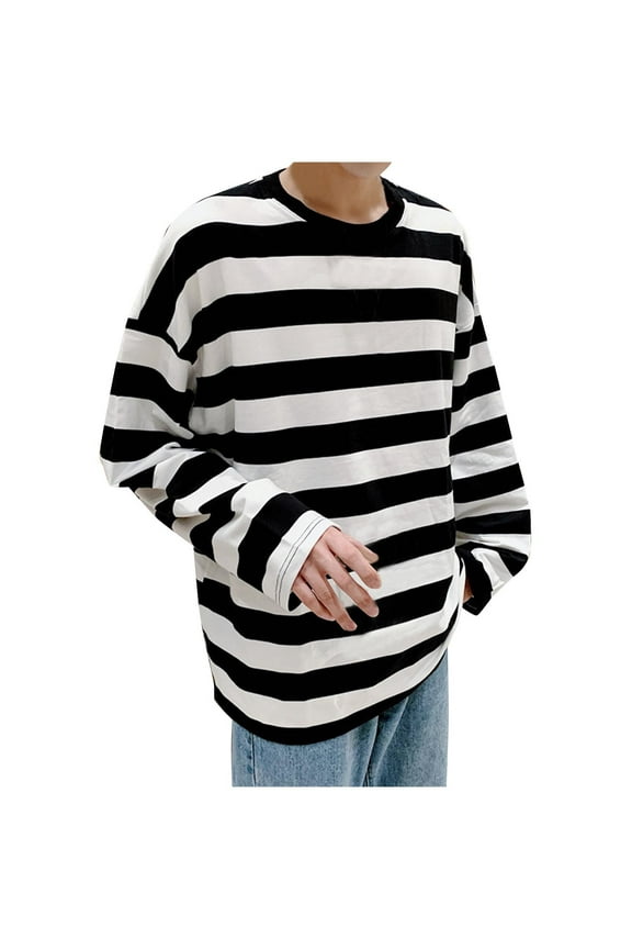 Long Sleeve T Shirt Men Fashion Strip Printing Round Neck Oversized Tshirts Spring and Fall Casual Loose Athletic Running T Shirts for Man Black M