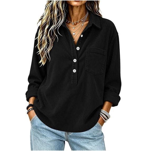 Stamzod Long Sleeve Tops for Women Dressy Casual Corduroy Button Up Shirt Fall Fashion Collared Work Blouse with Pocket