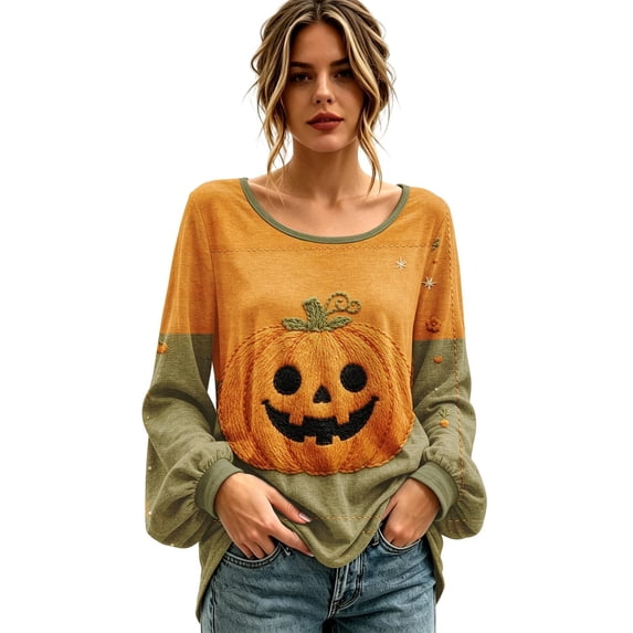 Stamzod Long Sleeve Tops for Women Fashion Pumpkin Printed Crewneck Blouses Loose Casual Fall Halloween Shirt
