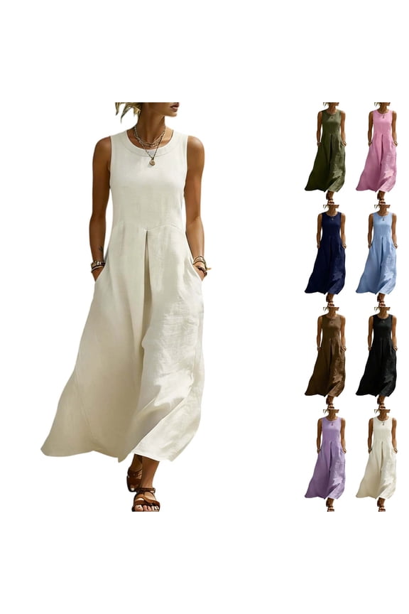 Long Sundresses for Women Sleeveless Cotton Linen Beach Dress Summer Pleated Flowy Dresses with Pockets Navy XL