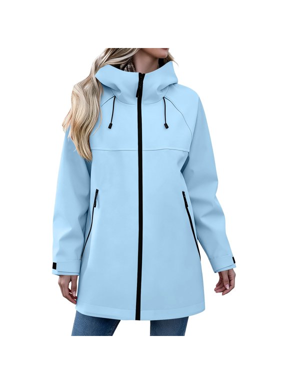 Long Wind Breaker Jacket Womens Hooded Lightweight Waterproof Jackets Outdoor Travel Rain Coat with Pockets Blue C M