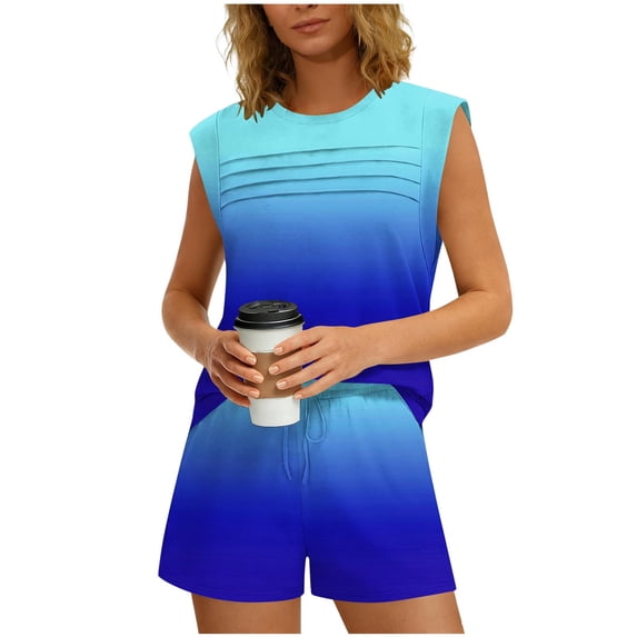 Stamzod Lounge Sets for Women 2 Piece Shorts Sets Casual Gardient Summer Outfits Sleeveless Sweatsuit with Pocket Blue B XL