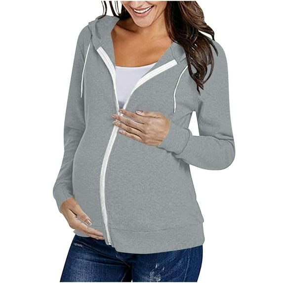 Stamzod Maternity Clothes Fall Long Sleeve Zip Up Hoodies Solid Color Pregnant Sweatshirt with Hood Casual Maternity Coat for Women Gray XXL