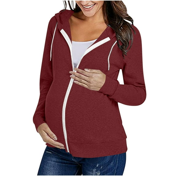 Stamzod Maternity Clothes Fall Long Sleeve Zip Up Hoodies Solid Color Pregnant Sweatshirt with Hood Casual Maternity Coat for Women Wine M