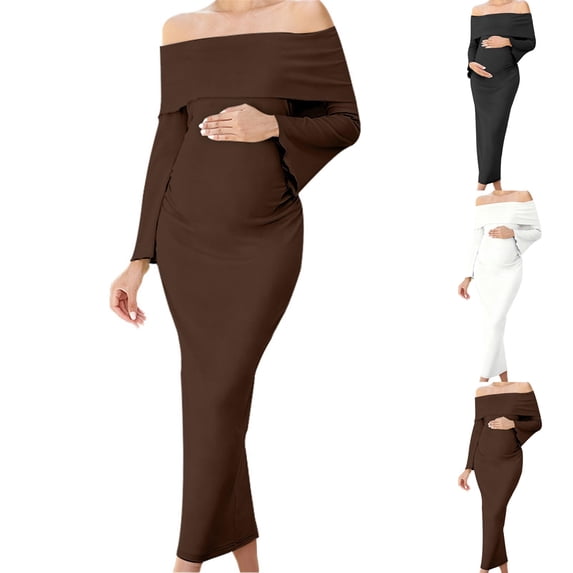 Stamzod Maternity Dress Womens One-Shoulder Long Sleeve Bodycon Wedding Guest Dress formal Long Pregnancy Dresses for Women Black S