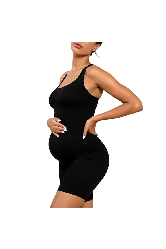 Maternity Workout Rompers Womens Ribbed Seamless Yoga Short Jumpsuit Pregnancy One Piece Outfits Black S