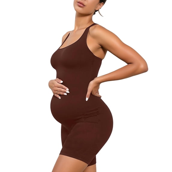 Stamzod Maternity Workout Rompers Womens Ribbed Seamless Yoga Short Jumpsuit Pregnancy One Piece Outfits Coffee XL