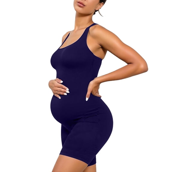 Stamzod Maternity Workout Rompers Womens Ribbed Seamless Yoga Short Jumpsuit Pregnancy One Piece Outfits Navy S