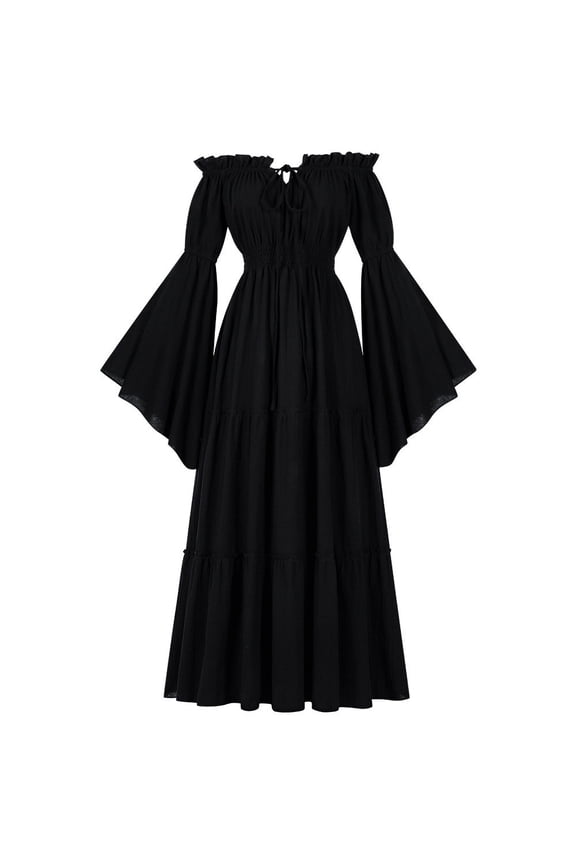 Maxi Dresses for Women 2025 Off Shoulder Flare Long Sleeve Elegant Wedding Dress Renaissance Medieval Long Dresses for Women Halloween Costume Black D S