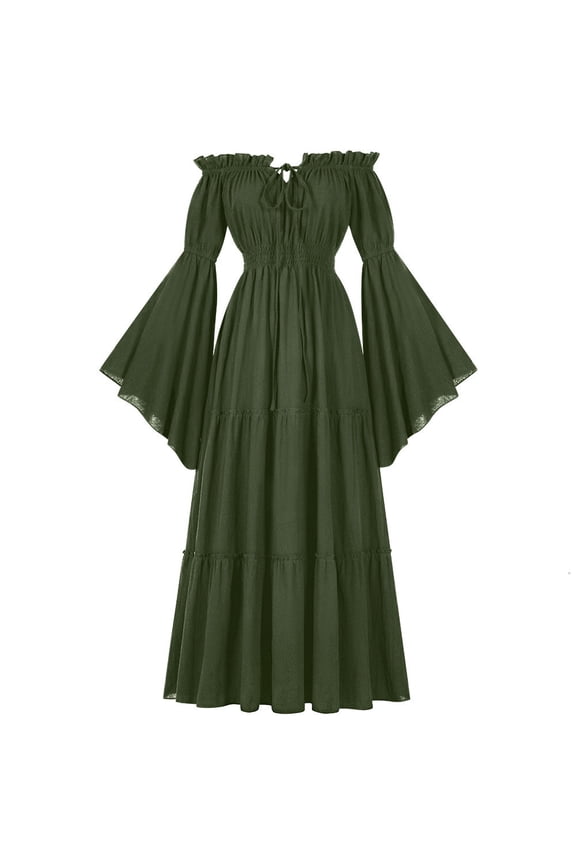 Maxi Dresses for Women 2025 Off Shoulder Flare Long Sleeve Elegant Wedding Dress Renaissance Medieval Long Dresses for Women Halloween Costume Green D M