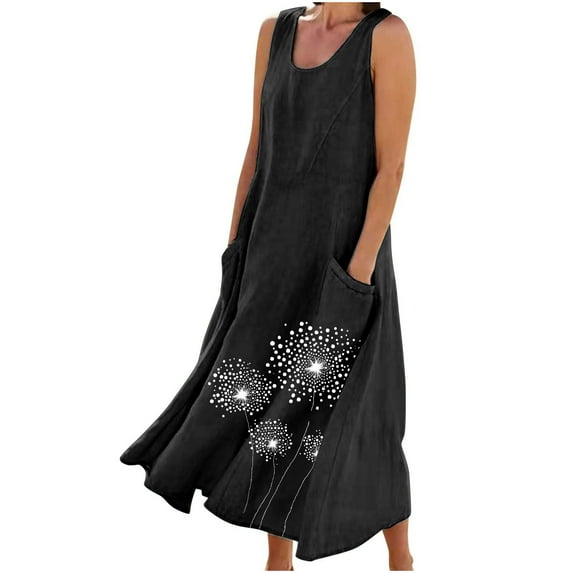 Stamzod Maxi Dresses for Women 2025 Summer Round Neck Sleeveless Black Dress with Pocket Casual Loose Fit Plus Size Dresses for Curvy Women Black D XL
