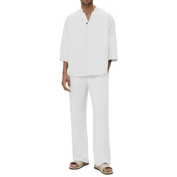 Stamzod Men Beach Outfits Sets Solid Color V Neck 3/4 Sleeve Shirt and Pants Set Mens Fashion Sweat Suit White-5 M