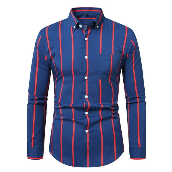 Stamzod Men Business Casual Shirt Fashion Strip Printing Turndown Long Sleeve Shirts Plus Size Men's Dress Shirts with Pocket Red M