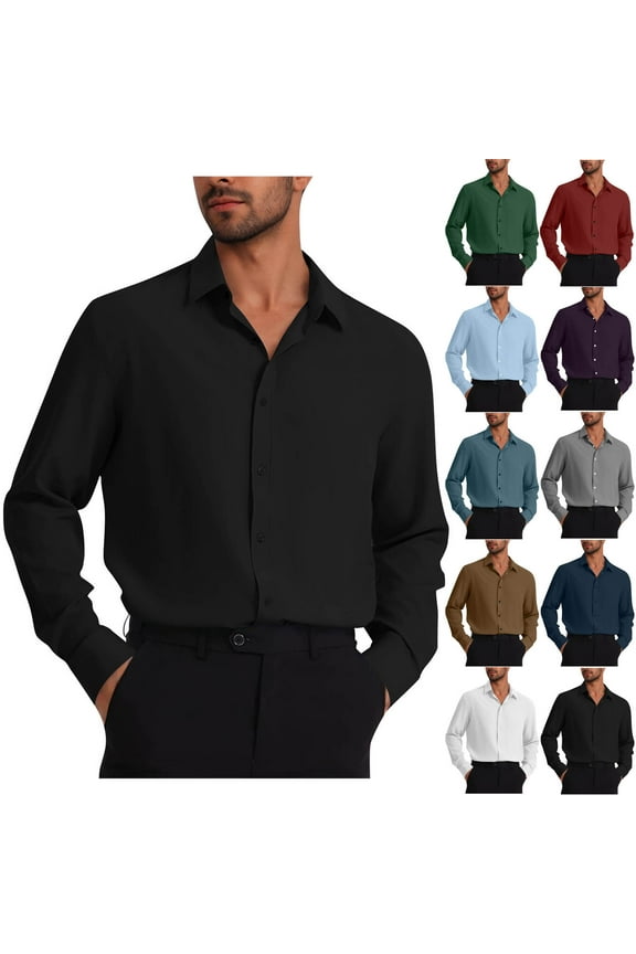 Men Casual Business Shirt Solid Color Turndown Long Sleeve Button Up Shirt Men Dress Shirts Coffee C XXXL