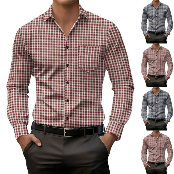Stamzod Men Dress Shirt Fashion Plaid Pritned Turndown Long Sleeve Shirts Business Casual Button Down Shirt Men Clothing with Pocket Brown-1 S