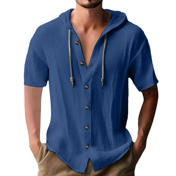 Stamzod Men Hoodies Fashion Solid Color Short Sleeve Hooded Shirts Daily Casual Plus Size Men's Clothing Navy L