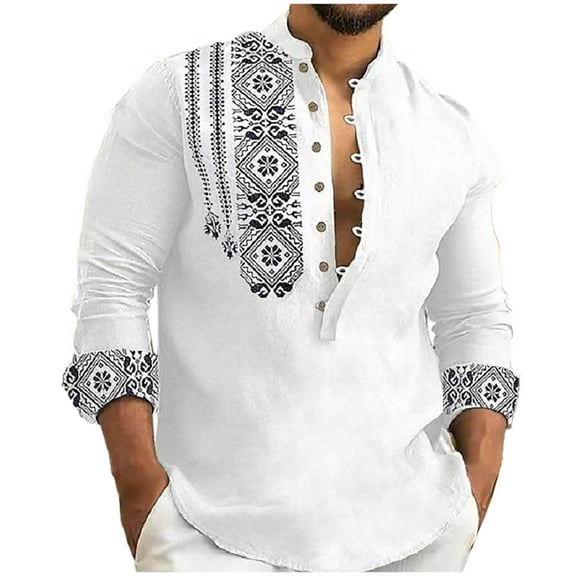 Stamzod Men Linen Shirt Ethnic Style Print Mock Neck Long Sleeve Cuban Guayabera Shirts Button Down Lightweight Casual Beach Golf Shirt for Men on