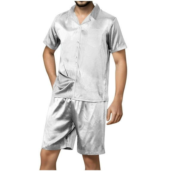 Stamzod Men Pajama Set Satin Short Sleeve Sleepwear Button Down Loungewear Quick Dry Fashion Colorblock Men Short Sets Outfits with Pockets on Clearance
