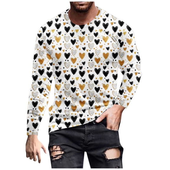 Stamzod Men's Long Sleeve Shirts Crewneck Lover Heart Graphic Tees Valentines Oversized Casual Tshirts Shirts for Men White D M