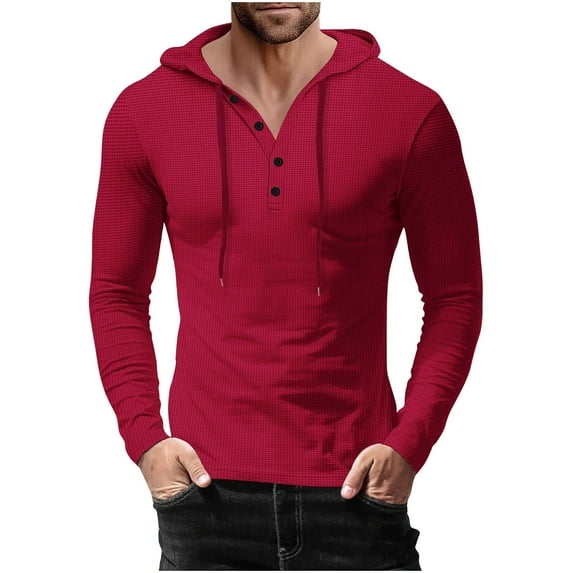 Stamzod Men's Sweatshirts Long Sleeve Button Down Ribbed Hoodies for Men Slim Fit Drawstring Solid Spring Fall Muscle T Shirt Tops