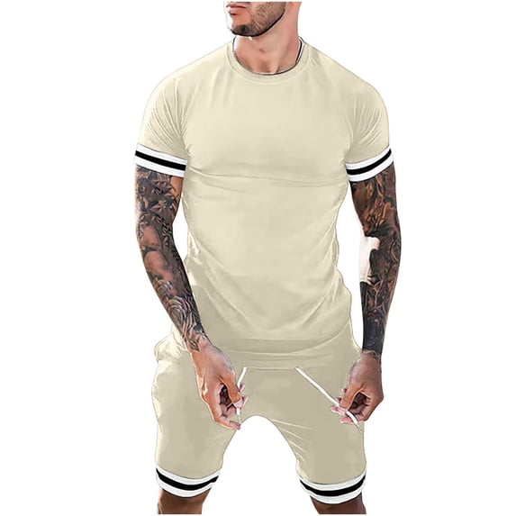 Stamzod Men Sets Outfits 2 Piece Casual Round Neck Solid T-Shirt Short Sleeve Blouse And Pants Set Khaki XXL