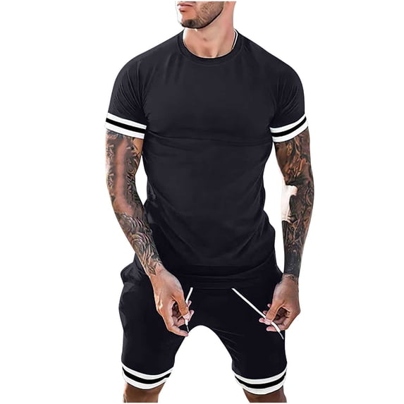 Stamzod Men Sets Outfits 2 Piece Casual Round Neck Solid T-Shirt Short Sleeve Blouse And Pants Set Navy L
