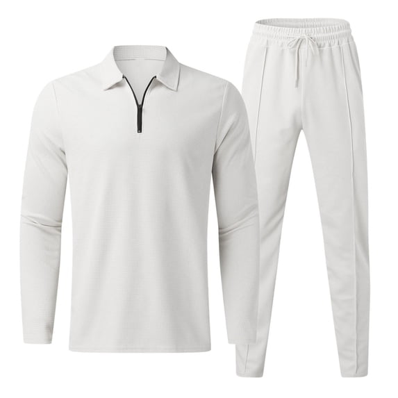 Stamzod Men Sets Outfits 2 Piece Casual Solid Fashion Turndown Sports Suit Zip Long Sleeve Trousers Two-Piece Tracksuit White XXL