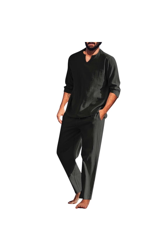 Mens Tracksuit Set Casual Solid Colors V-Neck Cotton and Linen Pullover Shirts Trouser Suit Fashion Long Sleeve Pockets Tracksuits Men Clothes