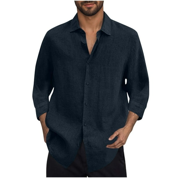 Stamzod Men Shirts Fashion Solid Color Long Sleeve Classic Button Down Shirt Men Loungewear Casual Loose Spring Fall Shirts for Men Navy S