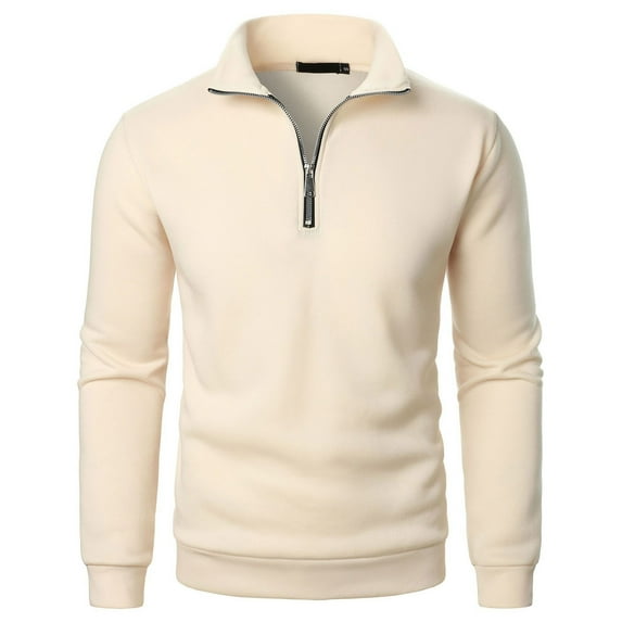 Stamzod Men Shirts Fashion Solid Color Stand Up Collar Long Sleeve Pullover Top with Zipper Spring & Fall Daily Casual Shirts for Men Beige S