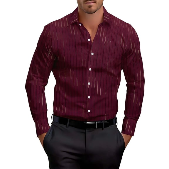 Stamzod Men Shirts Fashion Strip Printed Long Sleeve Button Down Shirt Men Oversized Dress Shirt for Wedding Party Wine L