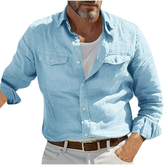 Stamzod Men Shirts Fashion Vintage Solid Color Cotton and Linen Work Shirts Loungewear Casual Loose Long Sleeve Shirts for Men with Pocket Sky Blue XL