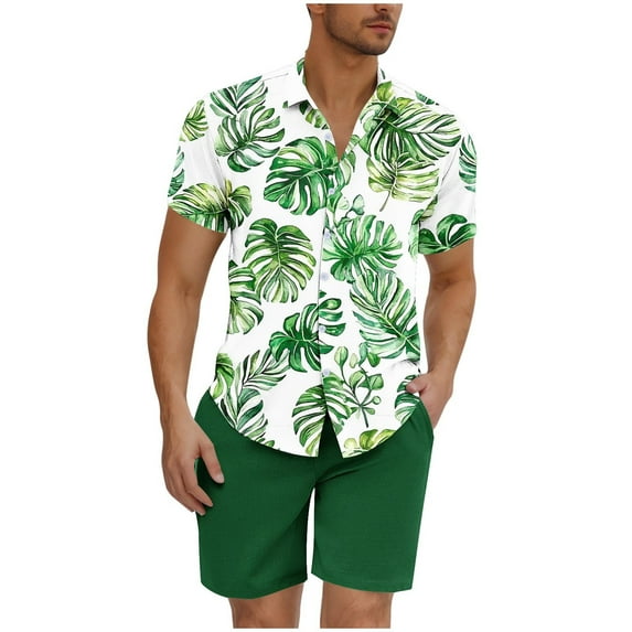 Stamzod Men Short Sets Outfits 2 Piece Set Summer Short Sleeve Hawaiian Shirts and Shorts Plus Size Beach Vacation Clothes for Men Green C M